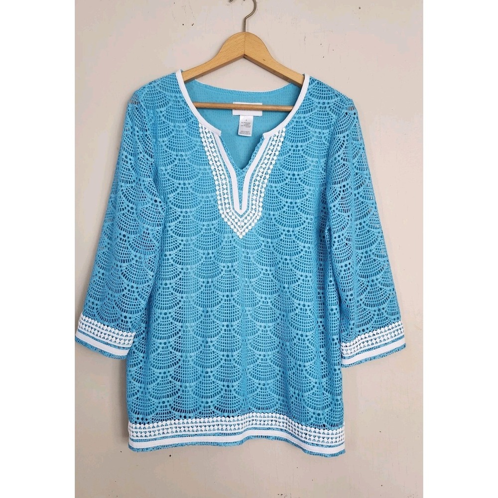 Alfred Dunner Size S Blue White Netted Lined Tunic Top 3/4 Sleeves Beachy Shirt